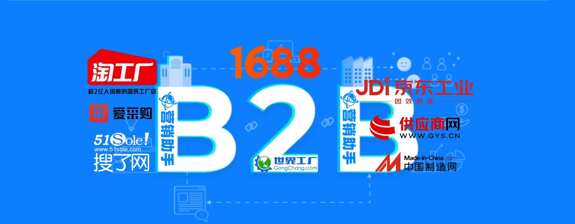 B2B营销：1688，爱采购，淘工厂，搜了网，世界工厂网，京东工业品，供应商网，中国制造网等